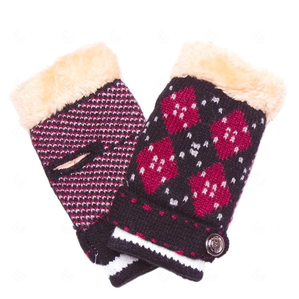 ARGYLE PATTERN KNITTED FINGERLESS GLOVES; ONE SIZE